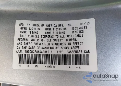 2013 Honda Accord Ex-L из США, поврежденный, VIN 1HGCR2F88DA096019